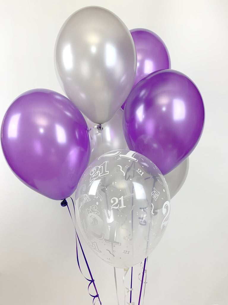 Purple, Silver and 21st Aged Range Pearlised Latex Balloons with Curling Ribbon