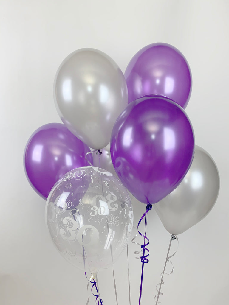 Purple, Silver and 30th Aged Range Pearlised Latex Balloons with Curling Ribbon