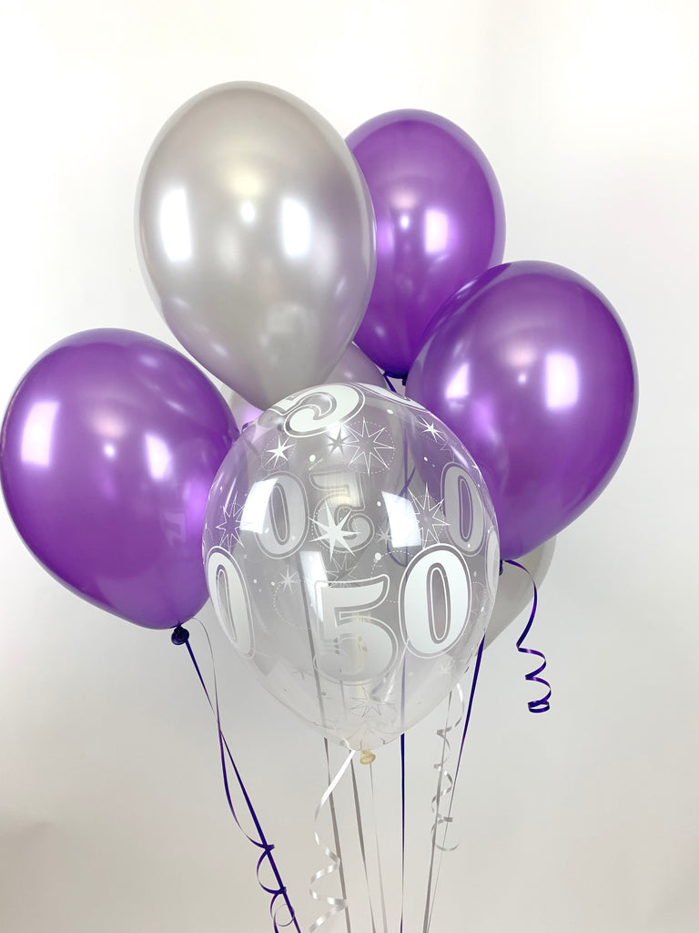 Purple, Silver and 50th Aged Range Pearlised Latex Balloons with Curling Ribbon