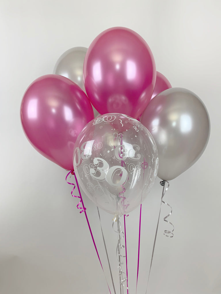 Hot Pink, Silver and 30th Aged Ranged   UNFILLED Pearlised Latex Balloons with Curling Ribbon