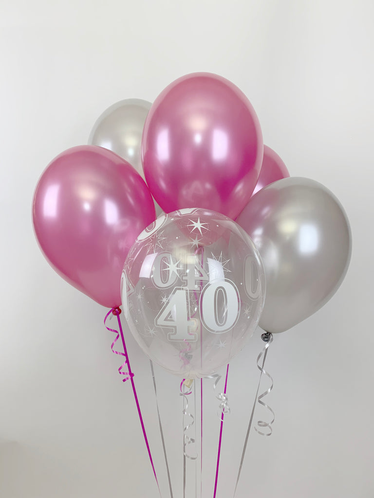 Hot Pink, Silver and 40th Aged Ranged  UNFILLED  Pearlised Latex Balloons with Curling Ribbon