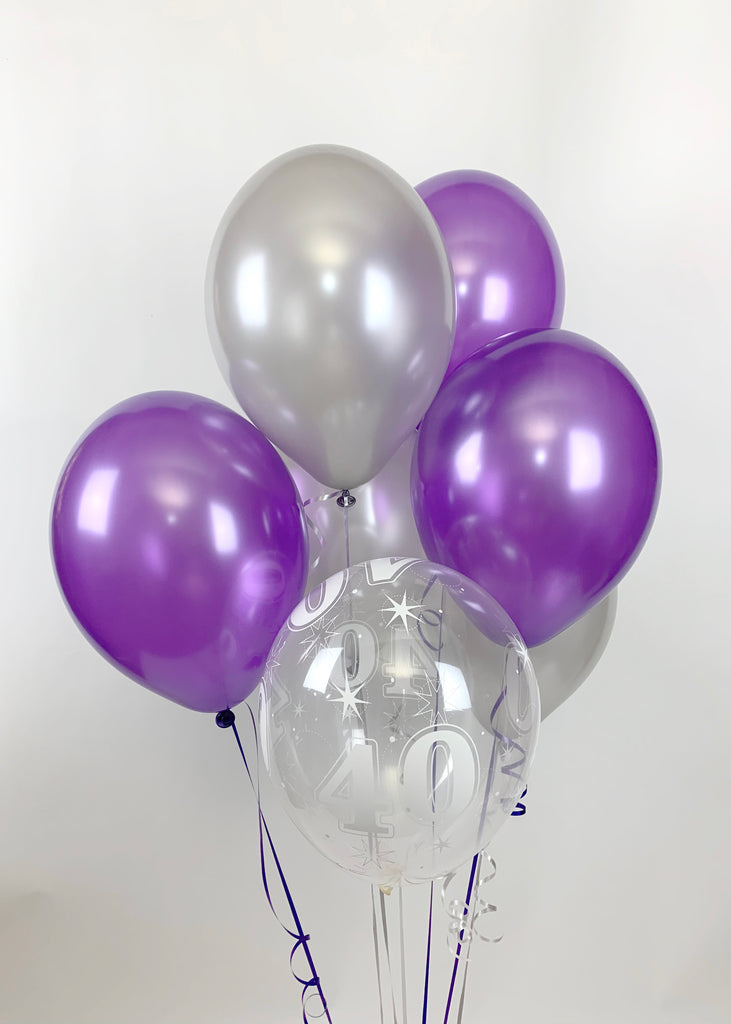 Purple, Silver and 40th Aged Range Pearlised Latex Balloons with Curling Ribbon