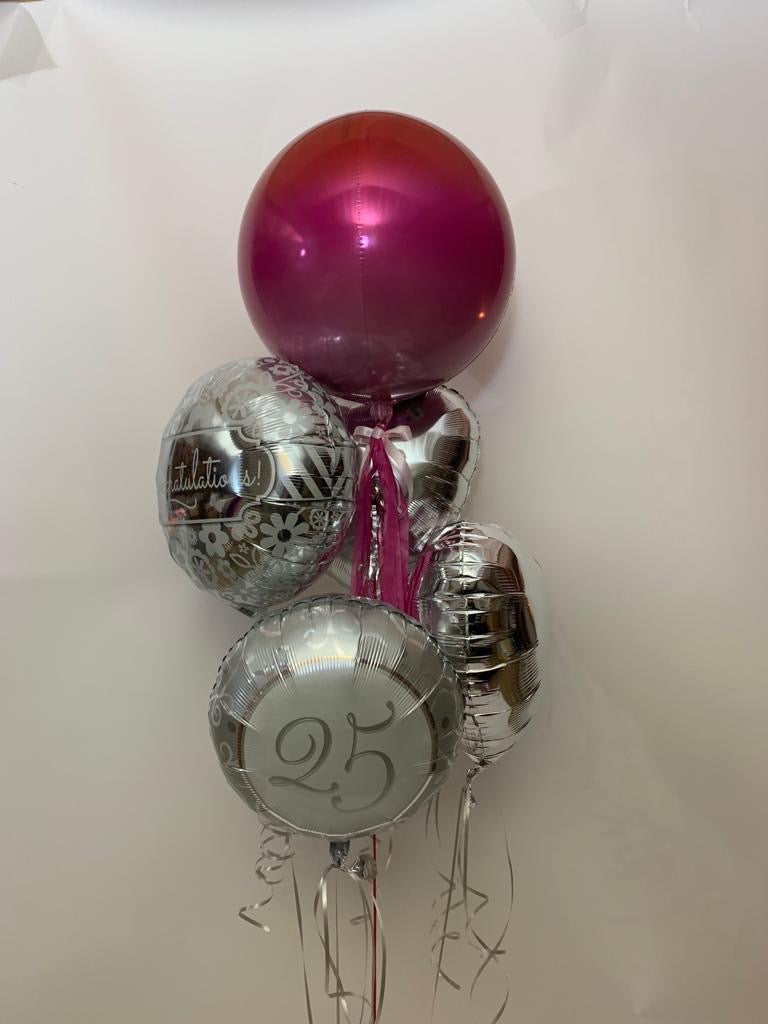 Bunch of 5 helium filled silver Wedding balloons